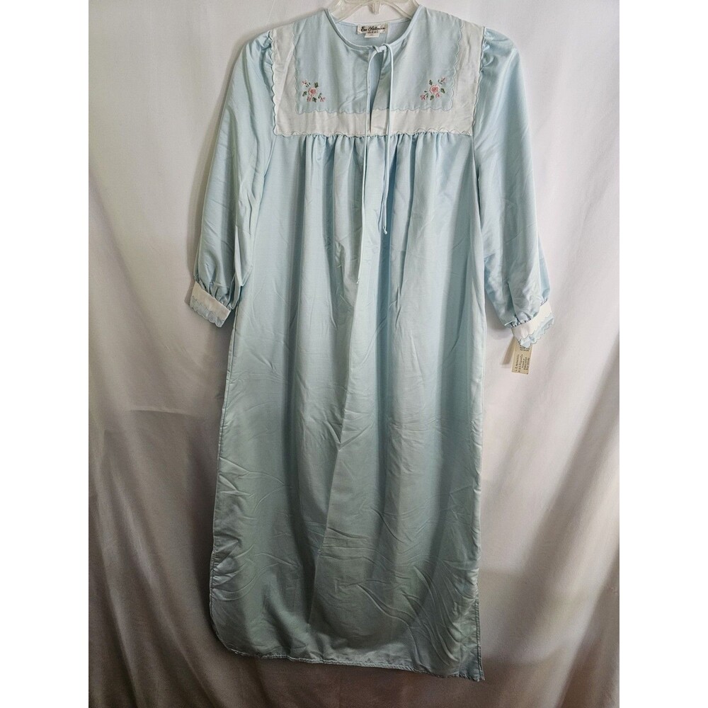 Eve Stillman Studio I Blue Long Nightgown Embroidered Floral Scallop Trim Medium